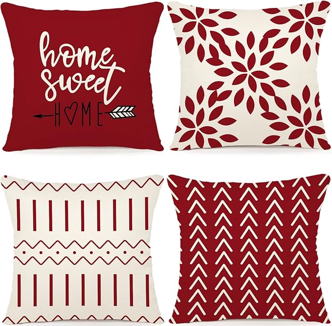 YCOLL Christmas Pillow Covers 18x18 Set of 4, Modern Sofa Throw Pillow Cover for Christmas Decor, Decorative Outdoor Linen Fabric Pillow Case for Couch Bed Car, Red