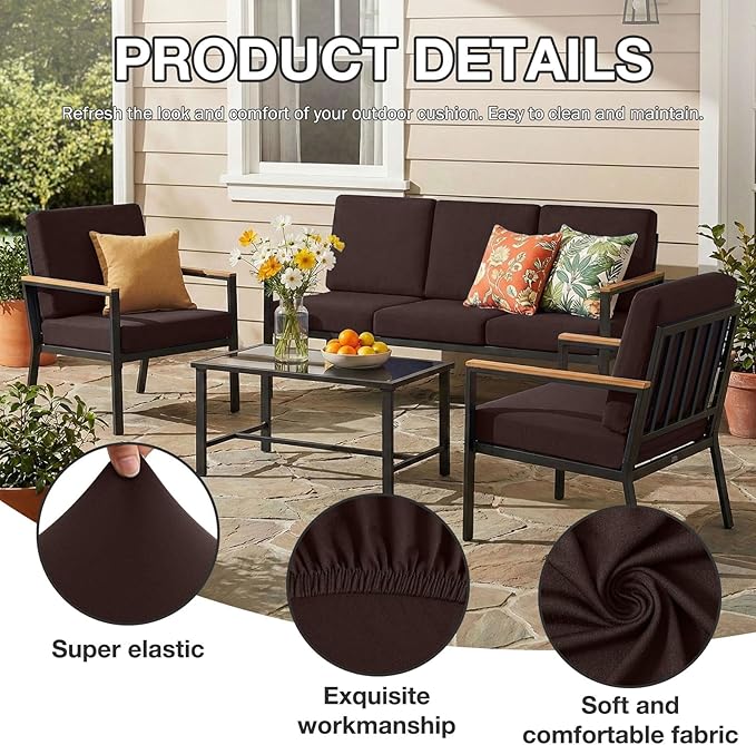 hyha 8Pcs Patio Cushion Covers, Stretch Outdoor Couch Cushion Covers Replacement, Washable Outdoor Chair/Sofa Slipcovers for Patio Furniture Cushions Protector with Elastic Bottom(Coffee,Cover Only)