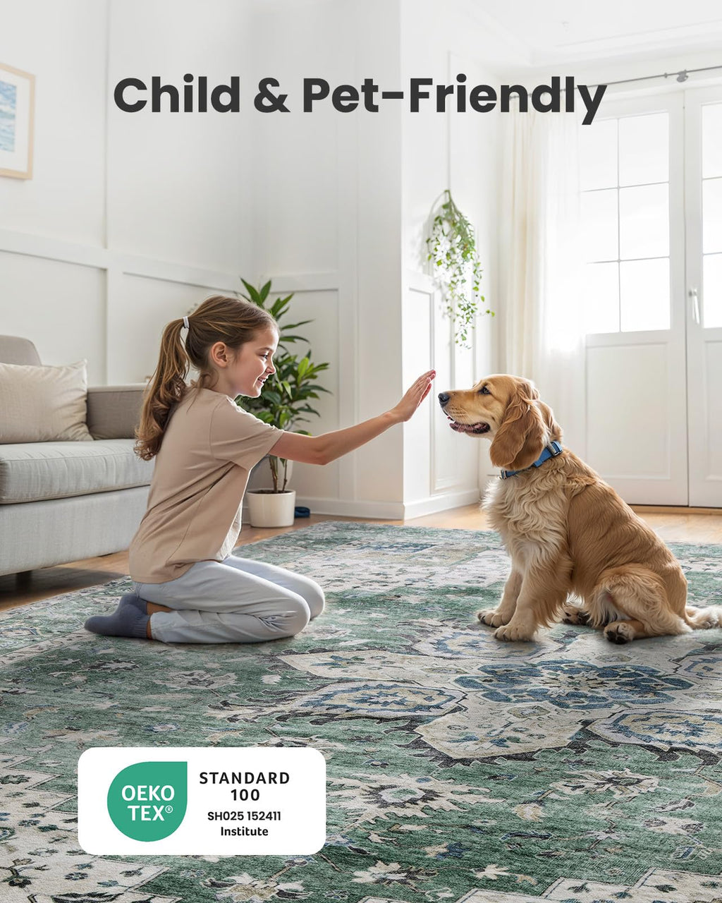 AMADA HOMEFURNISHING 2'6"x8' Washable Area Rug, Low-Profile Entryway Rug with Non-Slip Backing & Durable Edge Binding, Vintage Rug Pattern, Small Rugs for Entryway, Kitchen & Living Room