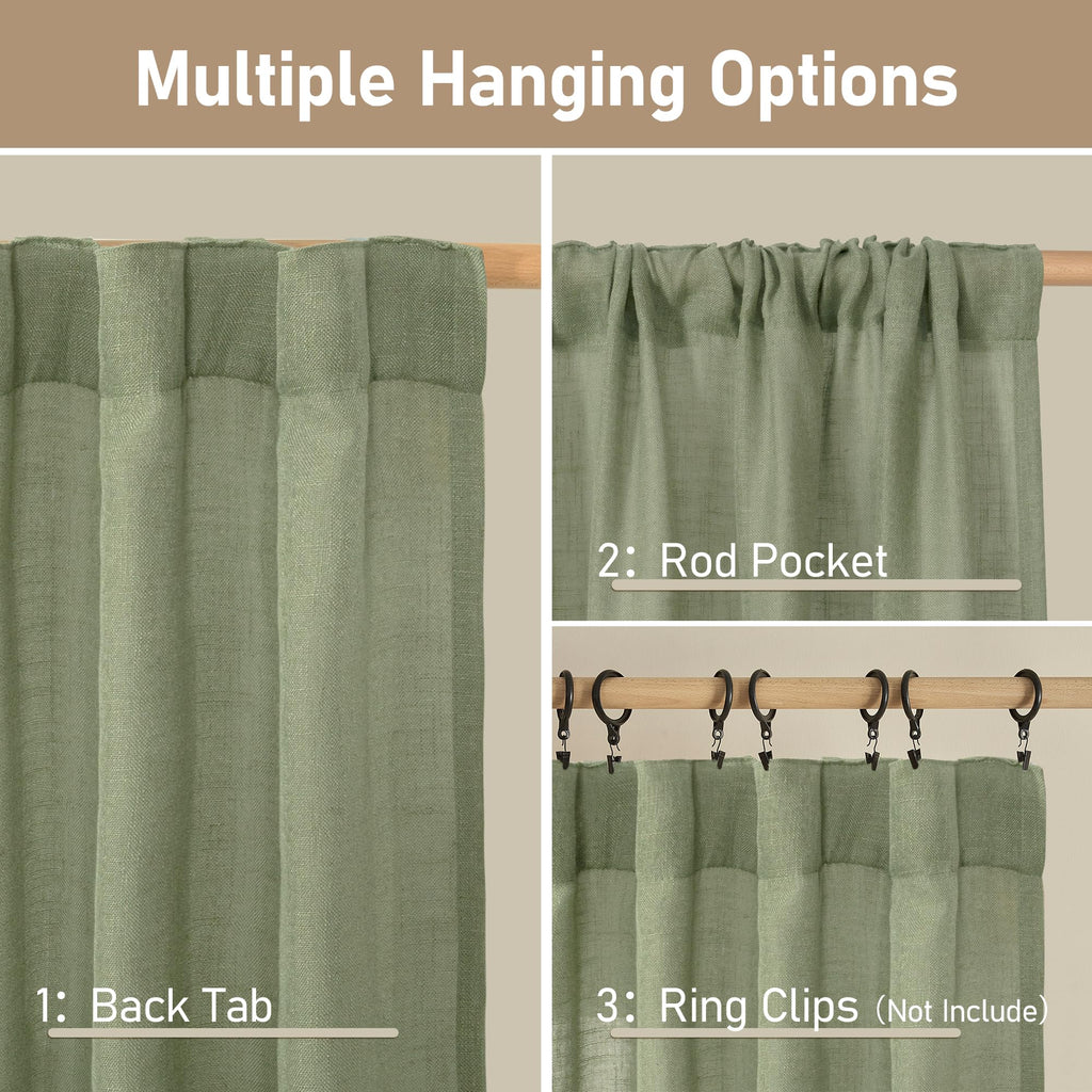 LAMIT Short Window Linen Curtains 36 Inch Length 2 Panels, Sage Green Light Filtering Panels Back Tab and Rod Pocket Neutral Drapes for Bathroom/Loft Room, 34 x 36 Inch