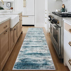 KOZYFLY Modern Abstract Hallway Runner Rug, 2.6x8 Washable Rug Runner Non-Slip Soft Striped Kitchen Runner Rugs, Print Light Blue Carpet Runner for Entryway Bathroom Laundry Room Foyer