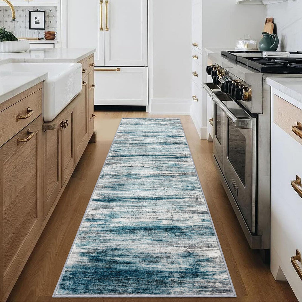 KOZYFLY Modern Abstract Hallway Runner Rug, 2.6x8 Washable Rug Runner Non-Slip Soft Striped Kitchen Runner Rugs, Print Light Blue Carpet Runner for Entryway Bathroom Laundry Room Foyer