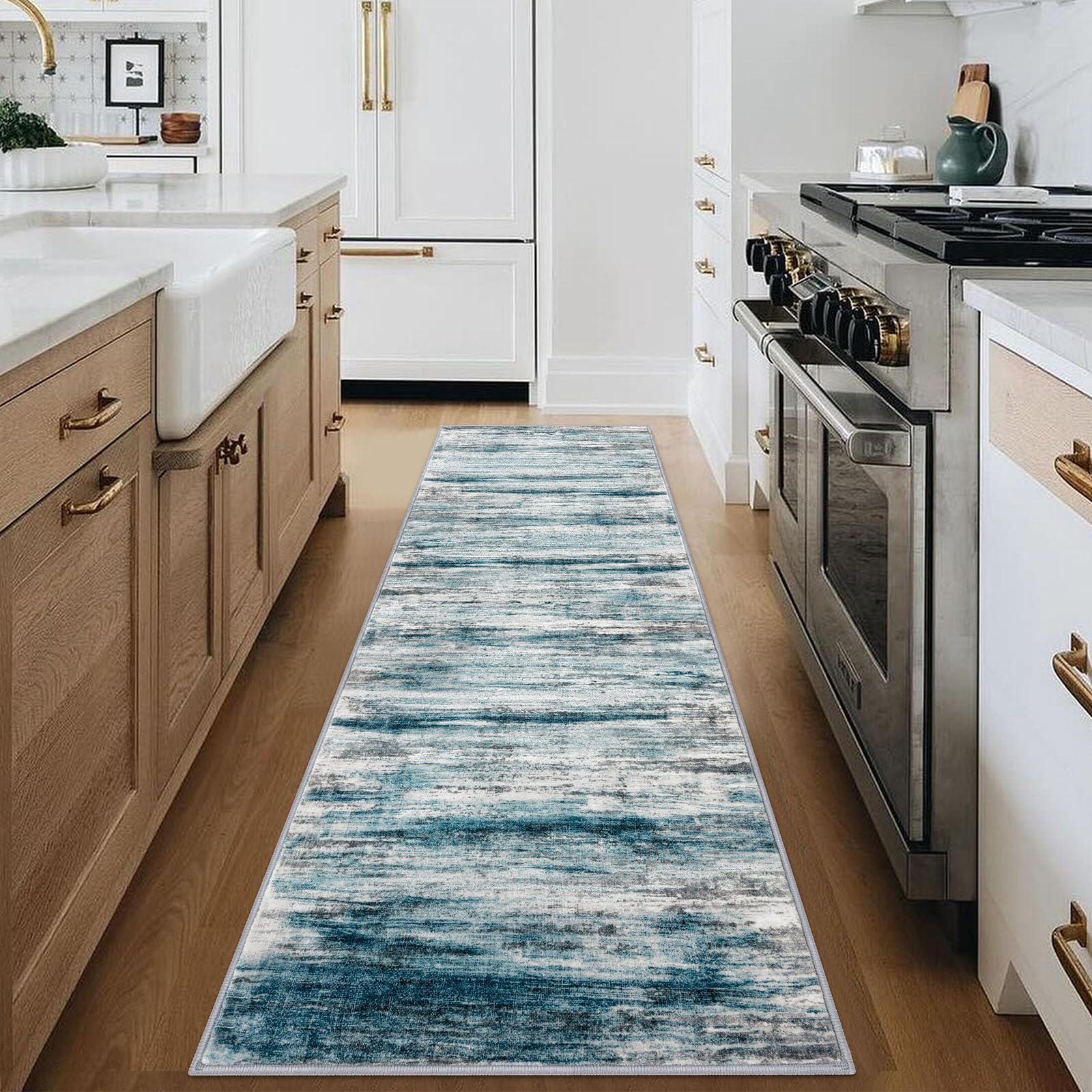 KOZYFLY Modern Abstract Hallway Runner Rug, 2.6x8 Washable Rug Runner Non-Slip Soft Striped Kitchen Runner Rugs, Print Light Blue Carpet Runner for Entryway Bathroom Laundry Room Foyer