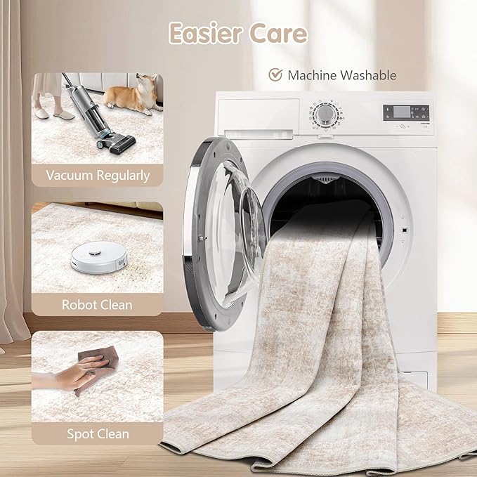 Area Rug 10x14 Vintage Rugs: Large Washable Living Room Rug Retro Medallion Distressed Soft Low Pile Non-Slip Rugs Indoor Floor Carpet for Bedroom Nursery Dining Table Office (Beige/Brown,10'x14')