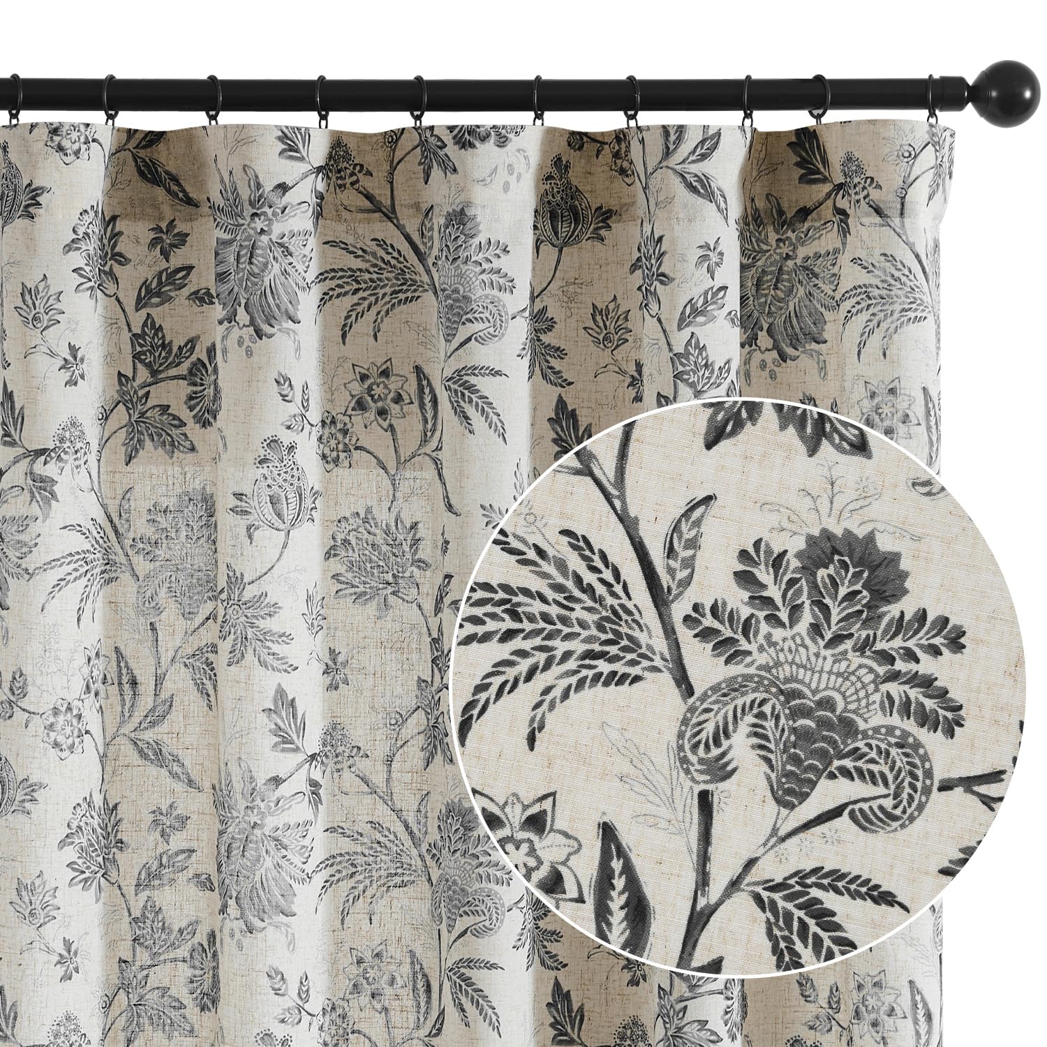 jinchan Linen Floral Curtains for Living Room with Printed Flower 84 Inches Long Light Filtering French Country Back Tab Rod Pocket Black Window Curtain Set Farmhouse Drapes 2 Panels Black