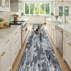 Washable Area Rugs 2'6'' x14 Non-Slip Modern Abstract Soft for Living Room Entryway Bedroom Nursery, Print Pattern, Black Navy Blue Gray