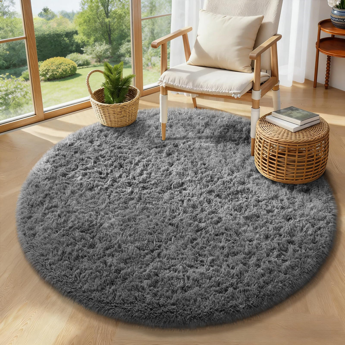 Ophanie Round Rug 4Ft White Circle Area Rug, Aesthetic Room Decor, Fluffy Fuzzy Bedroom Carpet, Plush Soft Shaggy Living Room Rugs for Kids Home, Nursery with 99 pcs Pile fibers