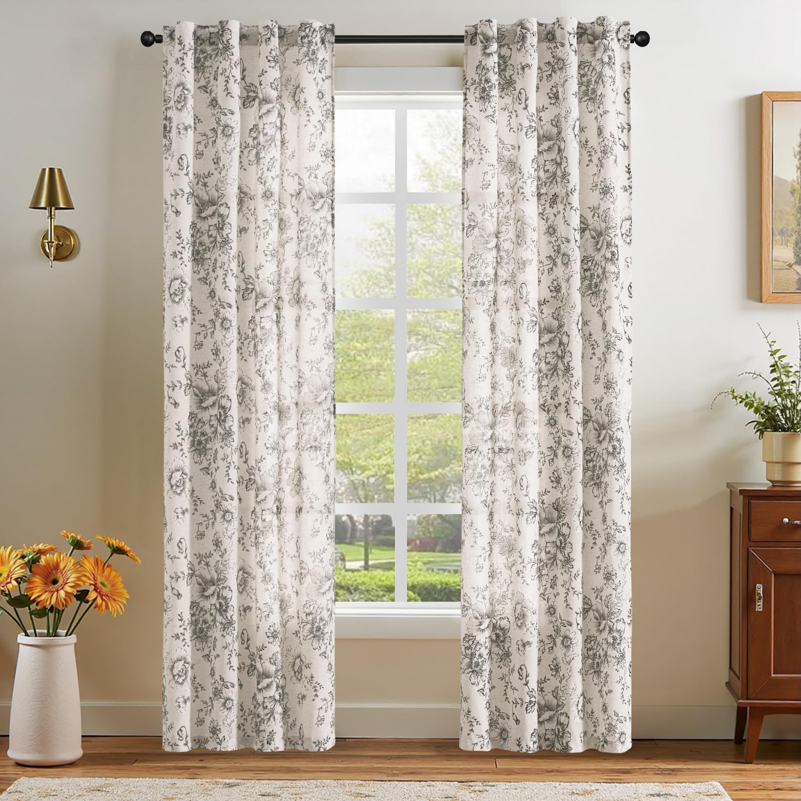jinchan Vintage Floral Linen Curtains 84 Long for Living Room 2 Panels
