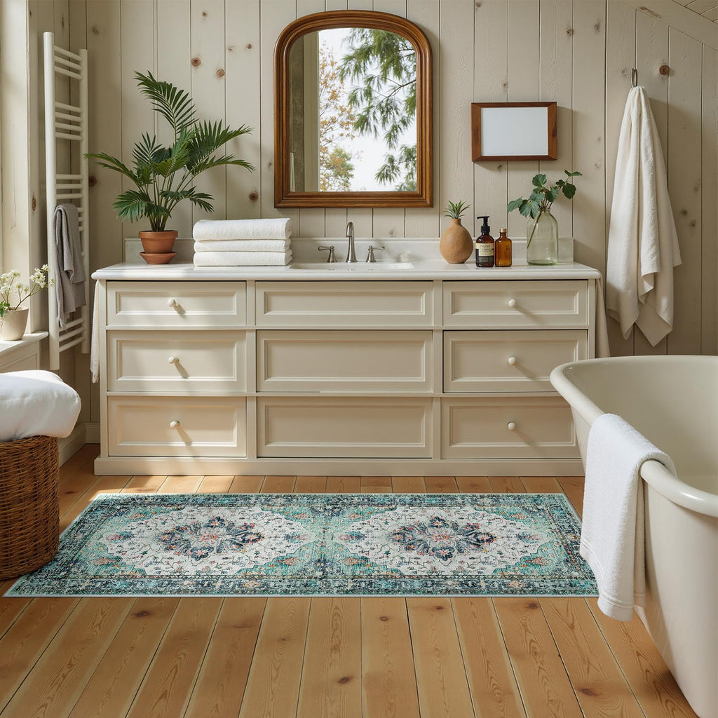 RELEANY Washable Area Rug, Runner 2'x5', Teal Green/White/Navy