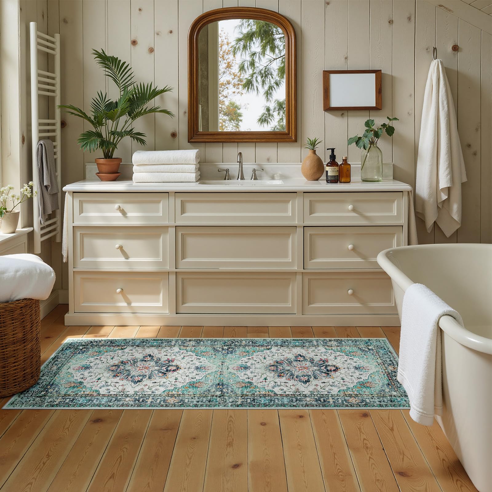 RELEANY Washable Area Rug, Runner 2'x5', Teal Green/White/Navy