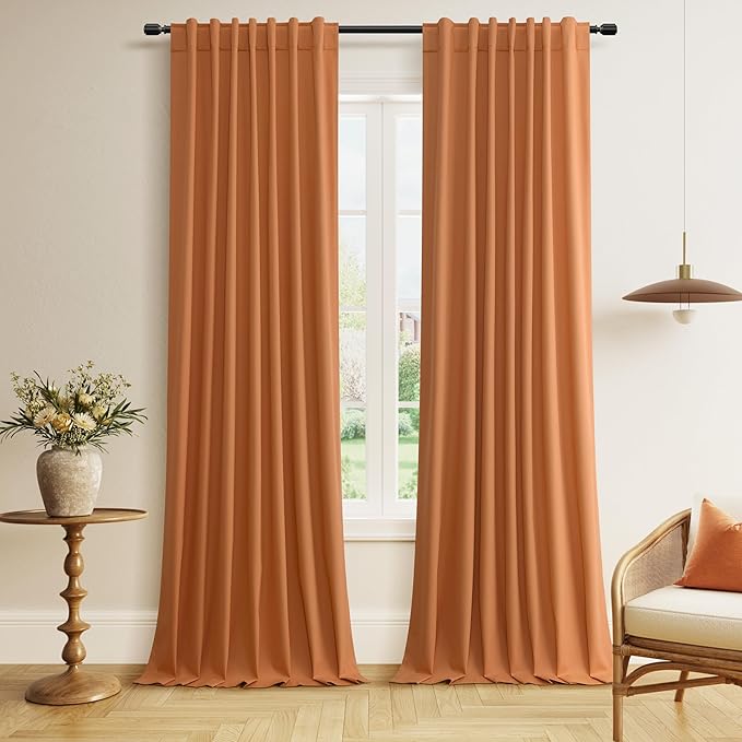 Guken Orange 100% Blackout Linen Curtains 90 Inch Length 2 Panels Set for Living Room Bedroom Back Tab Thermal Insulated Black Out Drapes Room Darkening Farmhouse Window Curtains 90 Inches Long