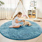 OLANLY Slate Blue Round Rugs for Bedroom - Machine Washable, 8 ft Circle Area Rugs for Living Room, Soft and Fluffy Shaggy Carpet for Teen Girl and Boys, Nursery Rooms, Dorms, Home Decor Aesthetic