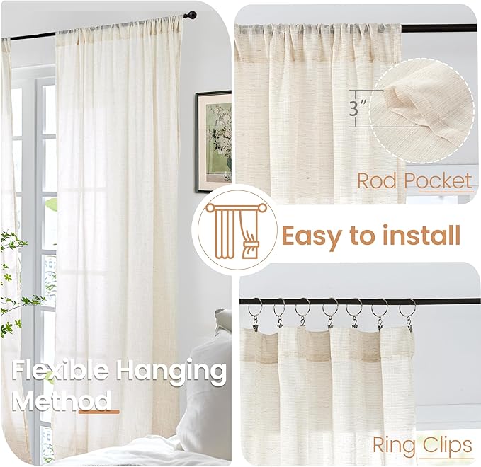 BGment 54 Inch Length Natural Linen Curtains for Short Window - Rod Pocket Semi Sheer Beige Drapes Light Filtering for Living Room Bedroom Textured Rustic Decorative, 2 Panels, Each Panel 42 Inch Wide