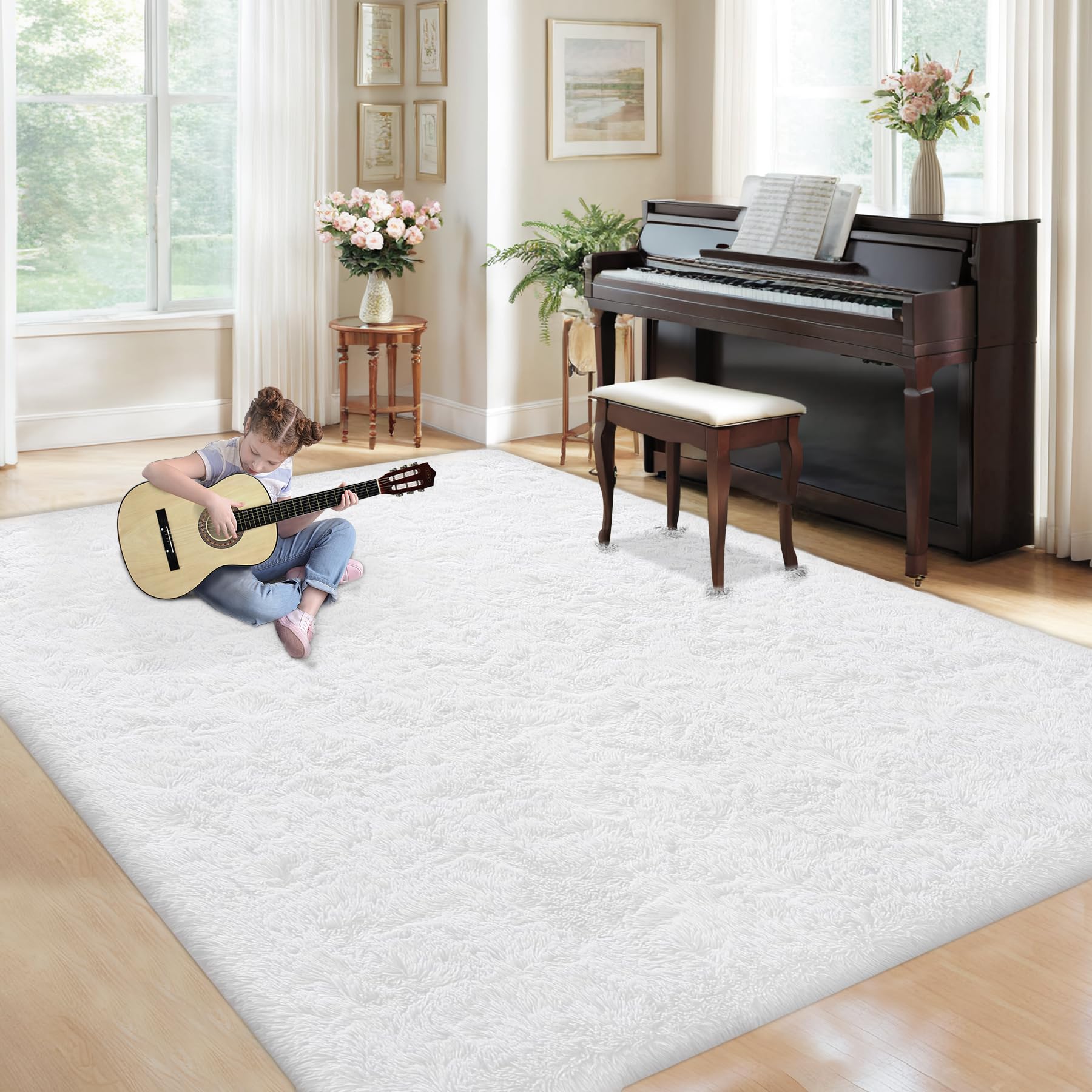 5x7 Area Rug for Living Room: Fluffy Shag Soft Washable Rugs Fuzzy Plush Indoor Carpet for Bedroom Nursery Playroom Dorm Kids Girls Boys Room (White, 5'x7')