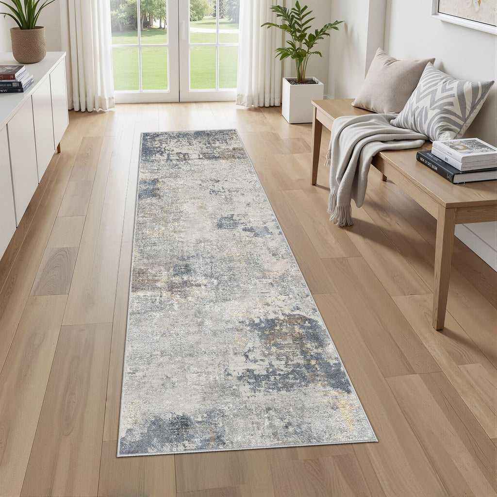 UERMEI 2x8 Washable Runner Rug for Hallway, Non Slip Low Pile Kitchen Carpet, Neutral Modern Abstract Indoor Floor Mat for Entryway Laundry, Kid & Pet Safe High Traffic Area, Blue Grey