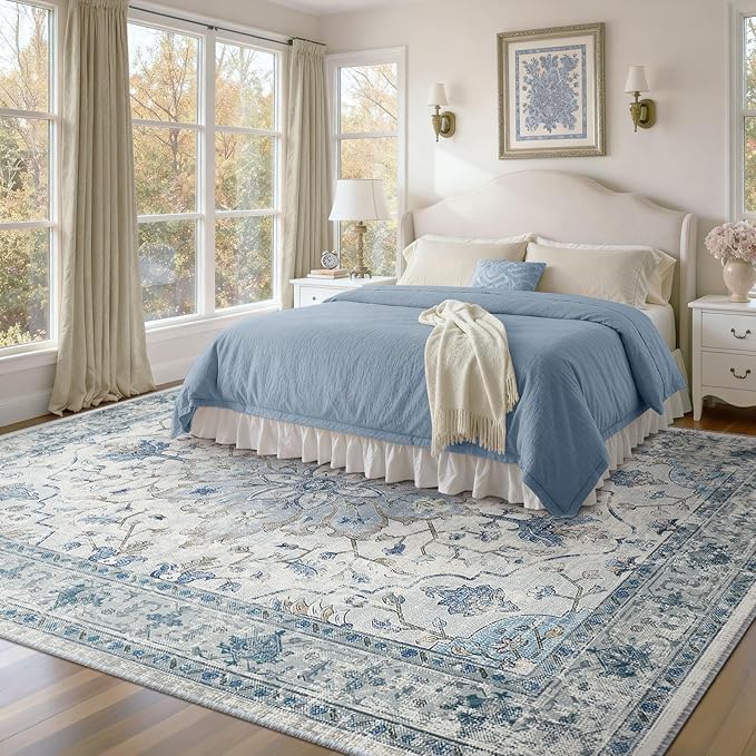 Area Rugs 7'x10' Washable Non-Slip, Floral Vintage Distress Print Pattern Medallion Carpet for Living Room Bedroom Dining Room, Light Blue Navy Beige Gray White