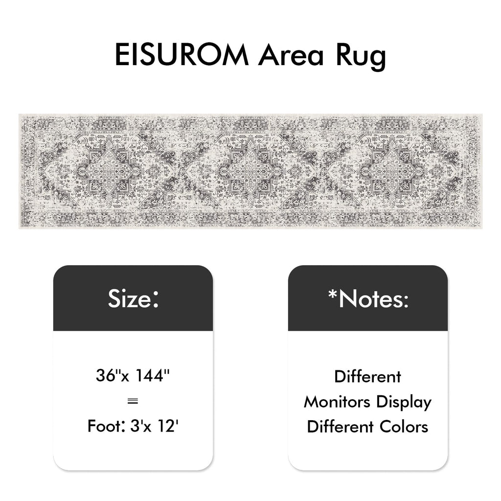 3x12 Washable Hallway Runner Rug: Long Vintage Soft Non Slip Rug Gray