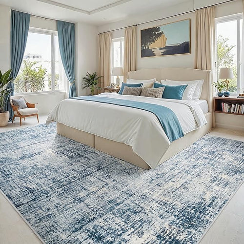 10x14 Washable Area Rug for Living Room Bedroom: Non-Slip Modern Blue Gold