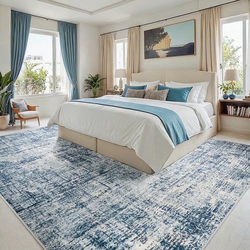 10x14 Washable Area Rug for Living Room Bedroom: Non-Slip Modern Blue Gold