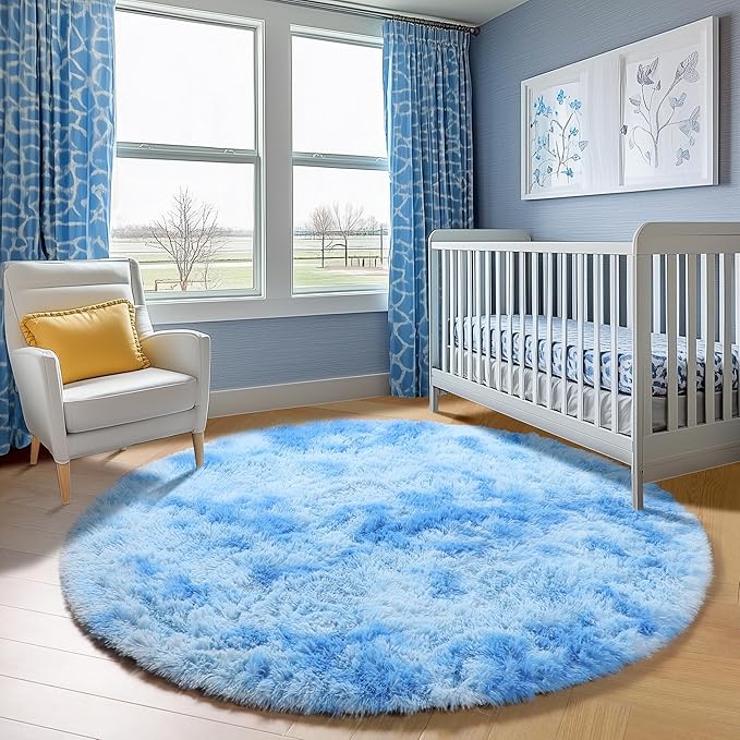 ONASAR Round Rugs 6ft for Living Room Bedroom, Tie-Dye Blue Fluffy Circle Area Rug for Kids Girls Boys Teen, Soft Plush Shaggy Carpet for Nursery Dorm Classroom Playroom Home Decor Aesthetic