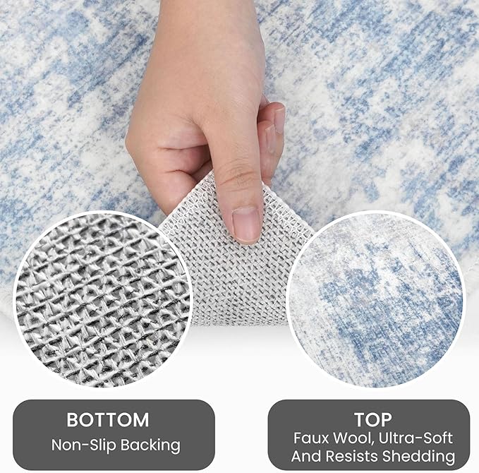 IOHOUZE Abstract Runner Rug 3x12 Ft Washable Runners for Hallways, Non Slip Kitchen Runner Printed Faux Wool Entryway Runner Indoor, Modern Abstract Floor Carpet for Hall Kitchen, Light Blue Grey