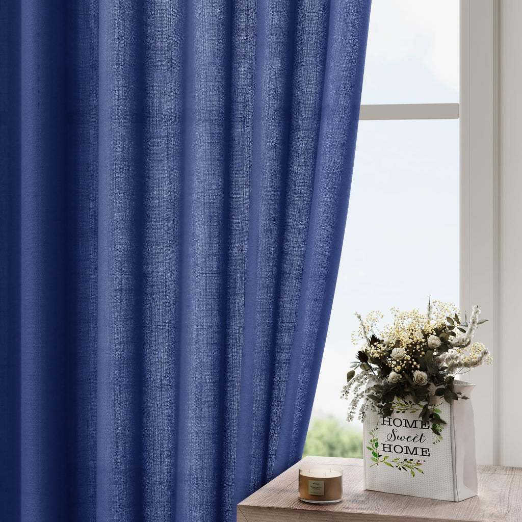 Nanspring Classic Blue Linen Curtains 108 Inches Long for Living Room Bedroom 2 Panels Set Extra Long Back Tab Curtain Light Filtering Sheer Drapes Floor to Ceiling Curtain for Large Windows 52x108
