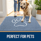 OLANLY Dog Door Mat for Muddy Paws 32x20, Paw Print Design, Absorbs Moisture and Dirt, Non-Slip Washable Doormat, Quick Dry Chenille Mud Mat, Entry Indoor Entryway Carpet, Airy Blue and White