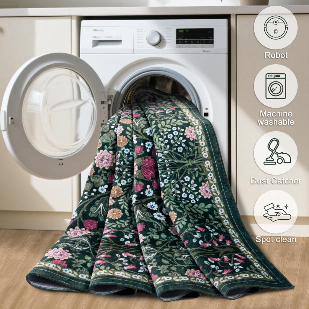 PLHXFR Area Rug Living Room: 4x6 Floral Washable Boho Carpet Dark Green
