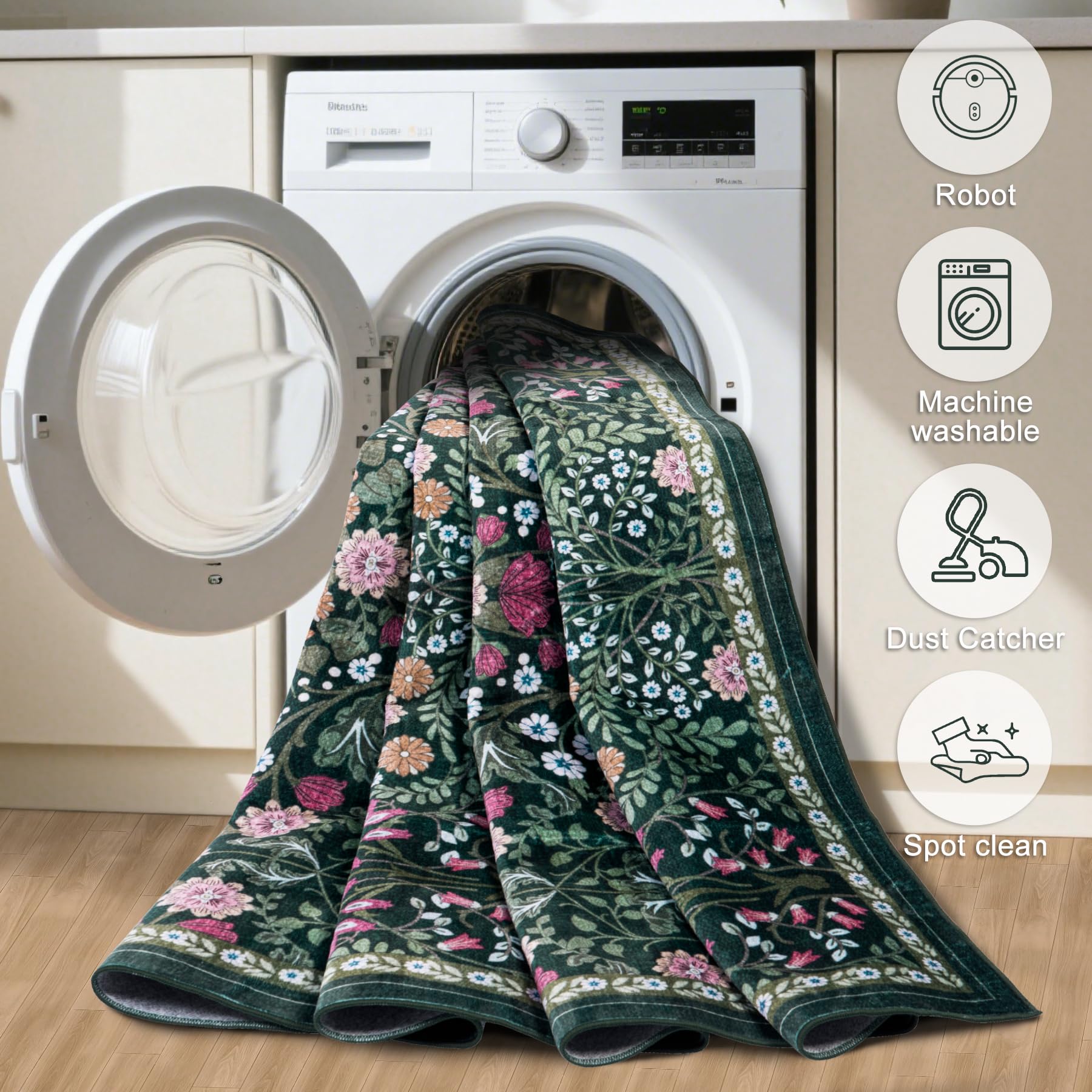 PLHXFR Area Rug Living Room: 4x6 Floral Washable Boho Carpet Dark Green