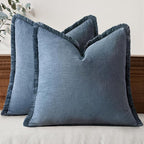 MIULEE Decorative Throw Pillow Covers Neutral Linen Fringe Throw Pillows Set of 2 Blue Ashes Boho Farmhouse Cushion Covers with Tassels for Couch Sofa Bed Home Spring Decor 18x18 Inch