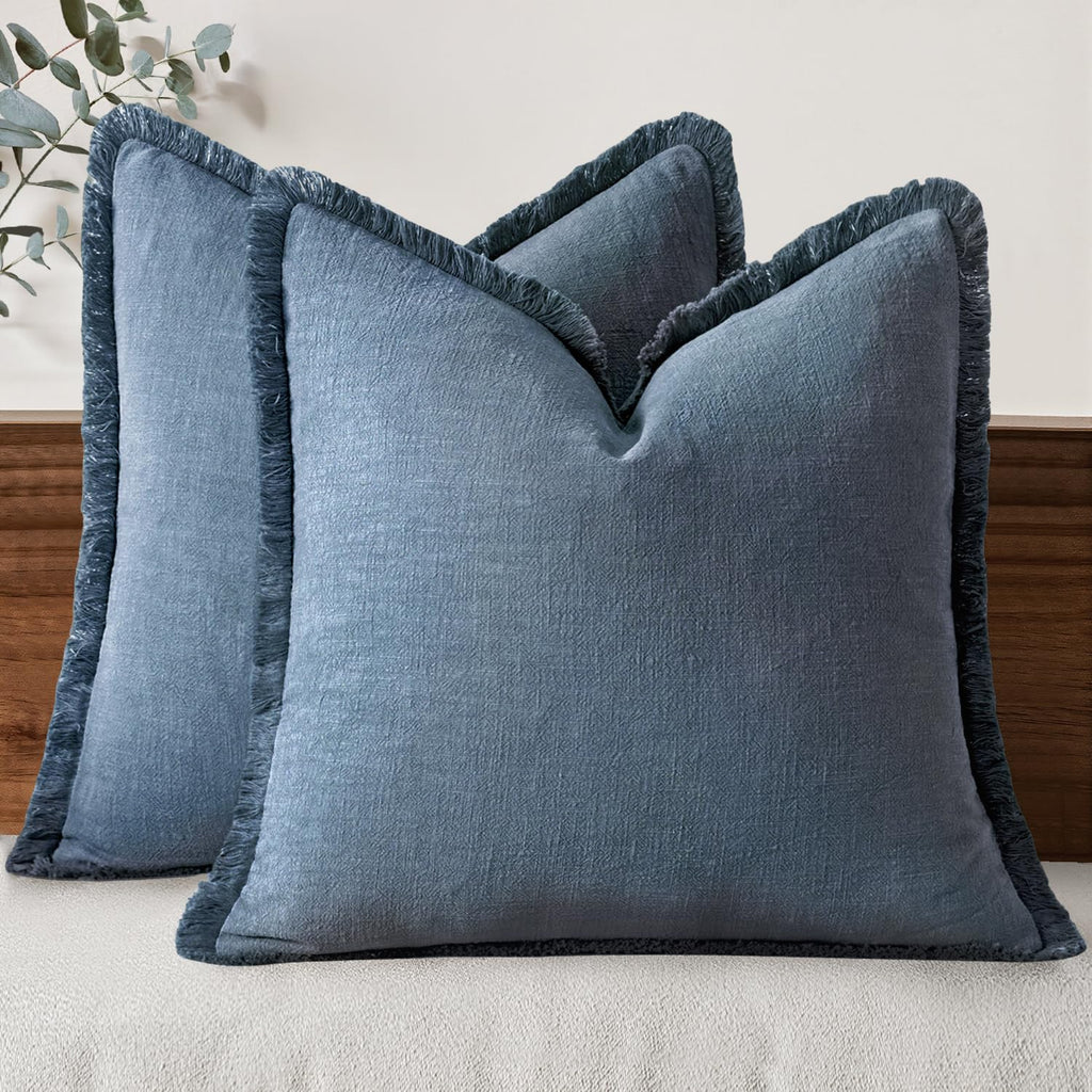 MIULEE Linen Fringe Decorative Euro Throw Pillow Covers Blue Ashes 22x22