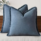 MIULEE Linen Fringe Decorative Euro Throw Pillow Covers Blue Ashes 22x22