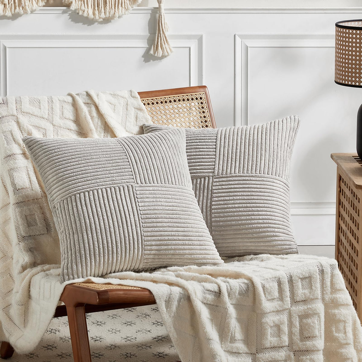 Fancy Homi 2 Packs Cream White Samll Decorative Throw Pillow Covers 14x14 Inch with for Couch Bed Sofa, Rustic Farmhouse Boho Home Decor, Soft Corss Patchwork Corduroy Square Cushion Case 35x35 cm