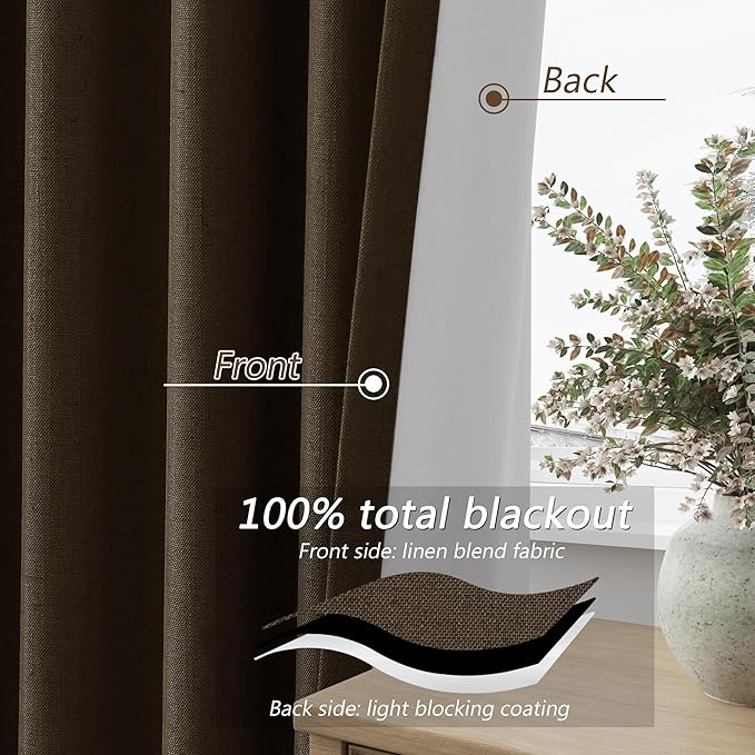 Guken 100% Blackout Curtains 84 Inch Length 2 Panels Set for Living Room Bedroom Back Tab Thermal Insulated Black Out Linen Drapes Room Darkening Chocolate,52x84