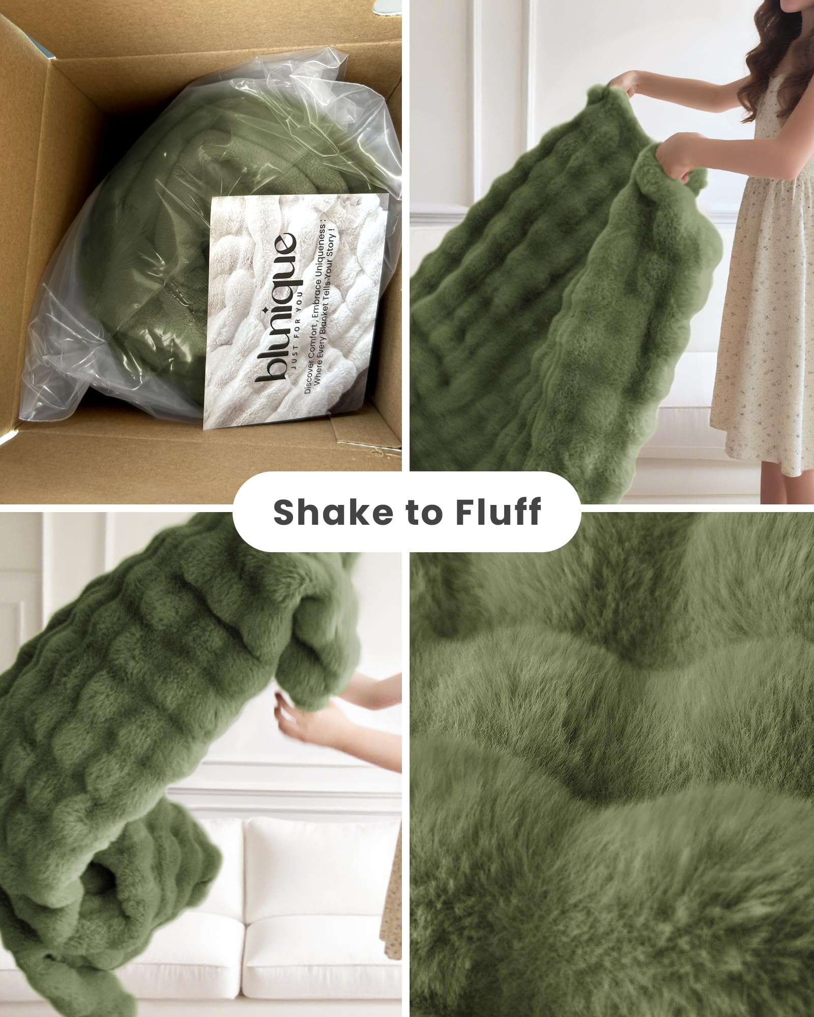 blunique Ultra Soft Cozy Faux Fur Throw Blanket, Fuzzy Plush Thick Bubble Blanket, Oversize Luxury Fluffy Blanket for Couch, Sofa, Bedroom, and Living Room,50x60 Inches,Green