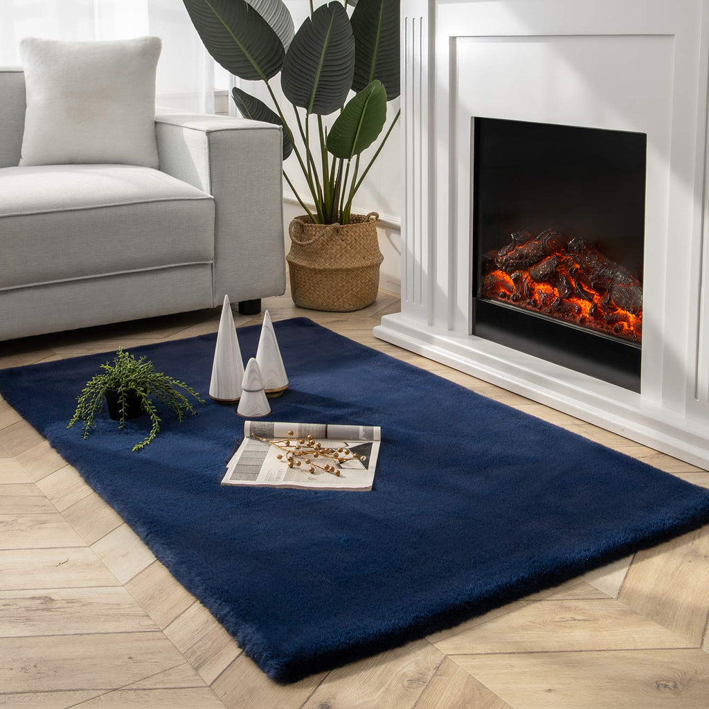 Ashler HOME DECO Ultra Soft Faux Rabbit Fur Chair Couch Cover Area Rug for Bedroom Floor Sofa Living Room Dark Blue-Rectangle 3 x 5 Feet