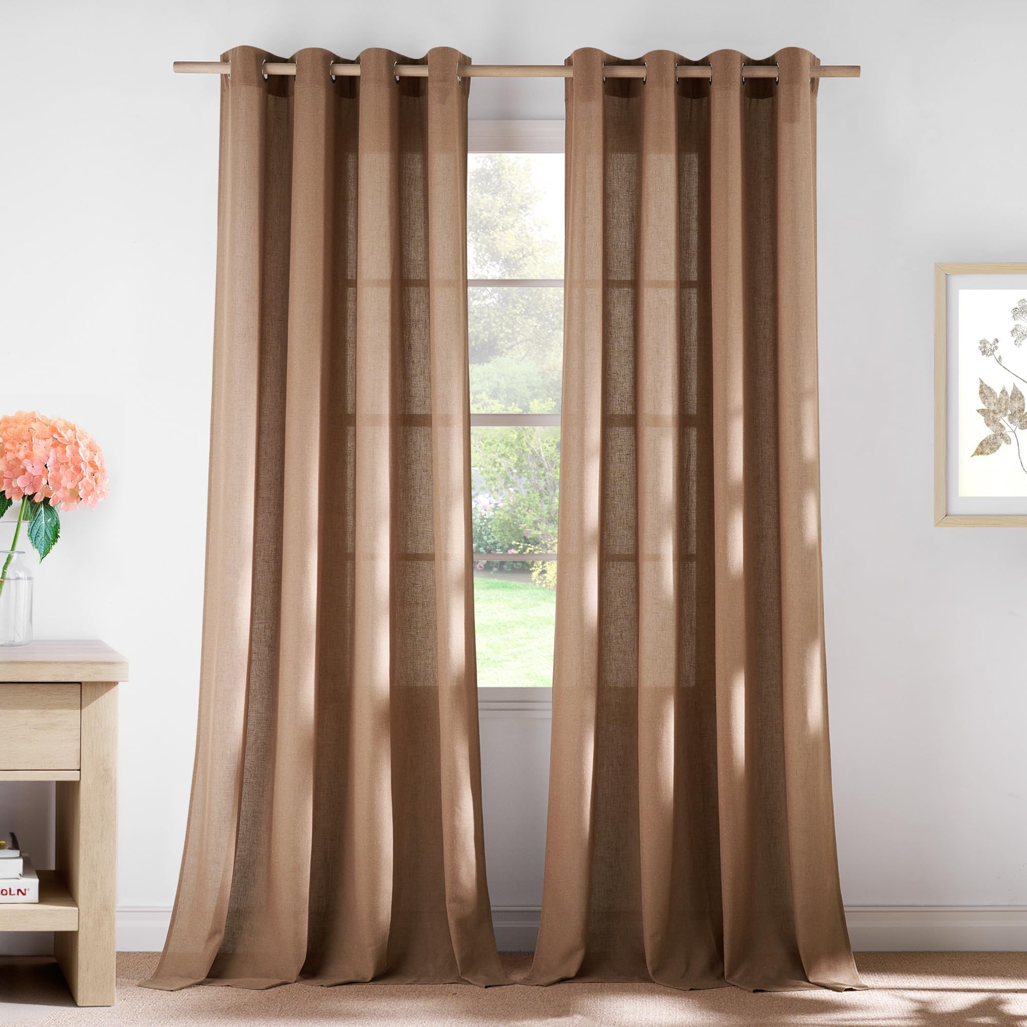NICETOWN Linen Gold Brown Curtains for Living Room, Rustic Grommet Semi Sheer Linen Blend Privacy Assured with Light Filtering for Living Room/Bedroom, W55 x L96, 2 Panels