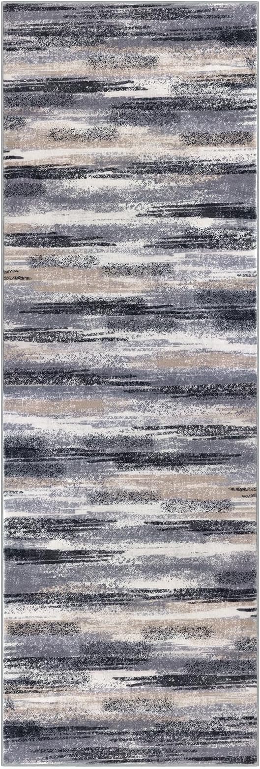 Lansny Modern Abstract Runner Rug 3x10, Grey Black Multi Washable Kitchen Runner Non-Slip Soft Hallway Rug Runner Thin Print Faux Wool Carpet for Entryway Bedroom Laundry Room Indoor Home Office Decor