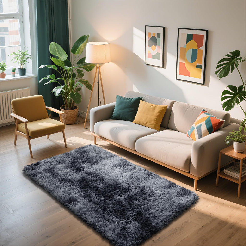 3x5 Area Rug for Bedroom, Tie-Dyed Black Fluffy Shag Rug Plush Carpet