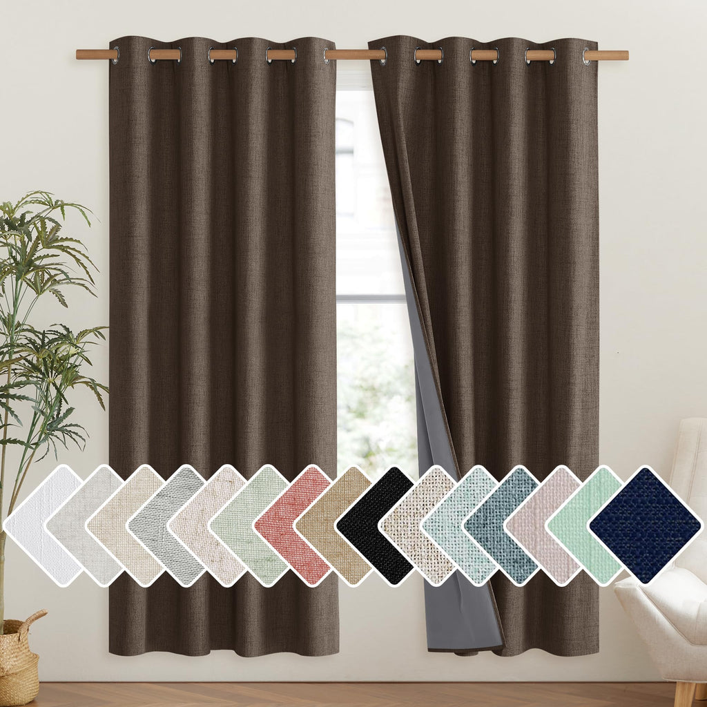 NICETOWN Coffee Vintage Linen 100% Blackout Curtains for Living Room, Thermal Insulated Curtains 72" Long, Noise Reducing Window Treatment Drapes for Hall Room, 52" Wide Per Panel, Set of 2