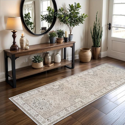 2x6 Hallway Washable Runner Rug: Vintage Soft Kitchen Laundry Runner with Non Slip Backing Farmhouse Entryway Living Room Floor Mat Stain Resistant Carpet for Bedroom Bathroom Distressed Beside Rug