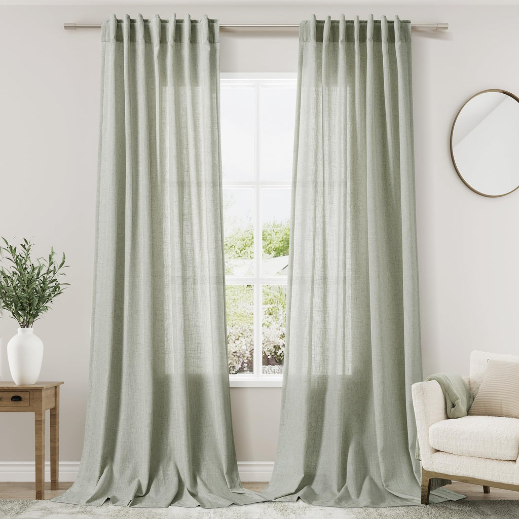 Extra Long Sage Green Curtain 2 Panels 108 inches Long for Living Room Back Tab Pocket Light Filtering Semi Sheer Drapes Cotton Linen Textured Pale Green Window Curtain 108 inch Length 9 FT Tall