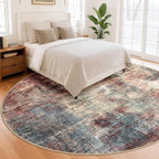 IOHOUZE Abstract Round Area Rug 8 Ft Washable Circle Rugs Large Round Rug Non Slip Thin Soft Circle Rugs, Printed Faux Wool Floor Carpet for Bedroom Living Room Dining Room Nursery, Red/Multi