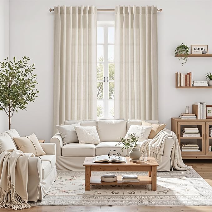 Boho Linen Curtains for Living Room 100 Inches Long Light Filtering Semi Sheer Curtain Back Tab Boho Eclectic Home Decor Elegant Luxury Farmhouse Drapes for Bedroom Dinner Room 52x100, 2 Panels