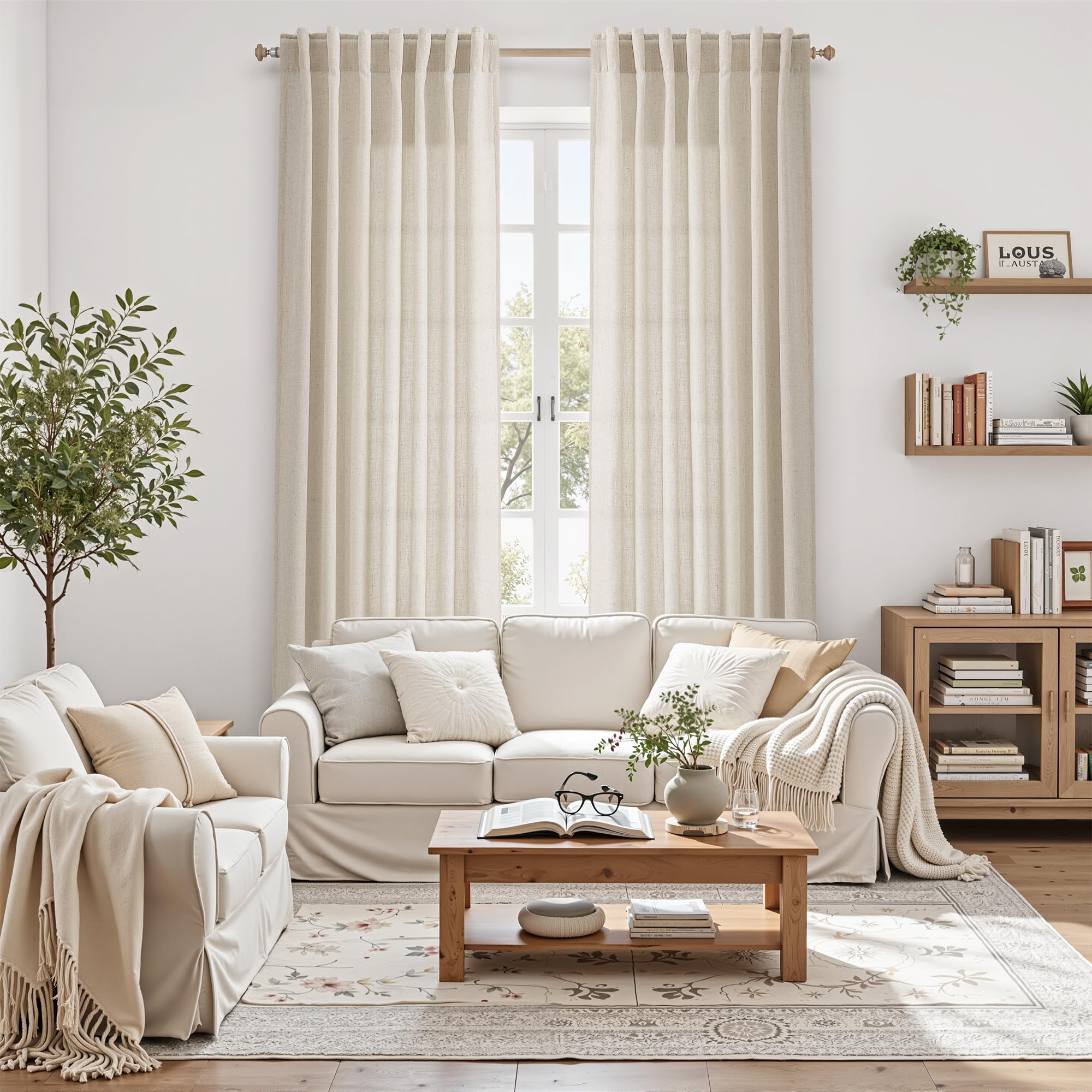 Boho Linen 112 Inch Curtains for Living Room Light Filtering Semi Sheer Curtain Back Tab Boho Eclectic Home Decor Elegant Farmhouse Drapes Floor to Ceiling High Window for Bedroom 52x112, 2 Panels