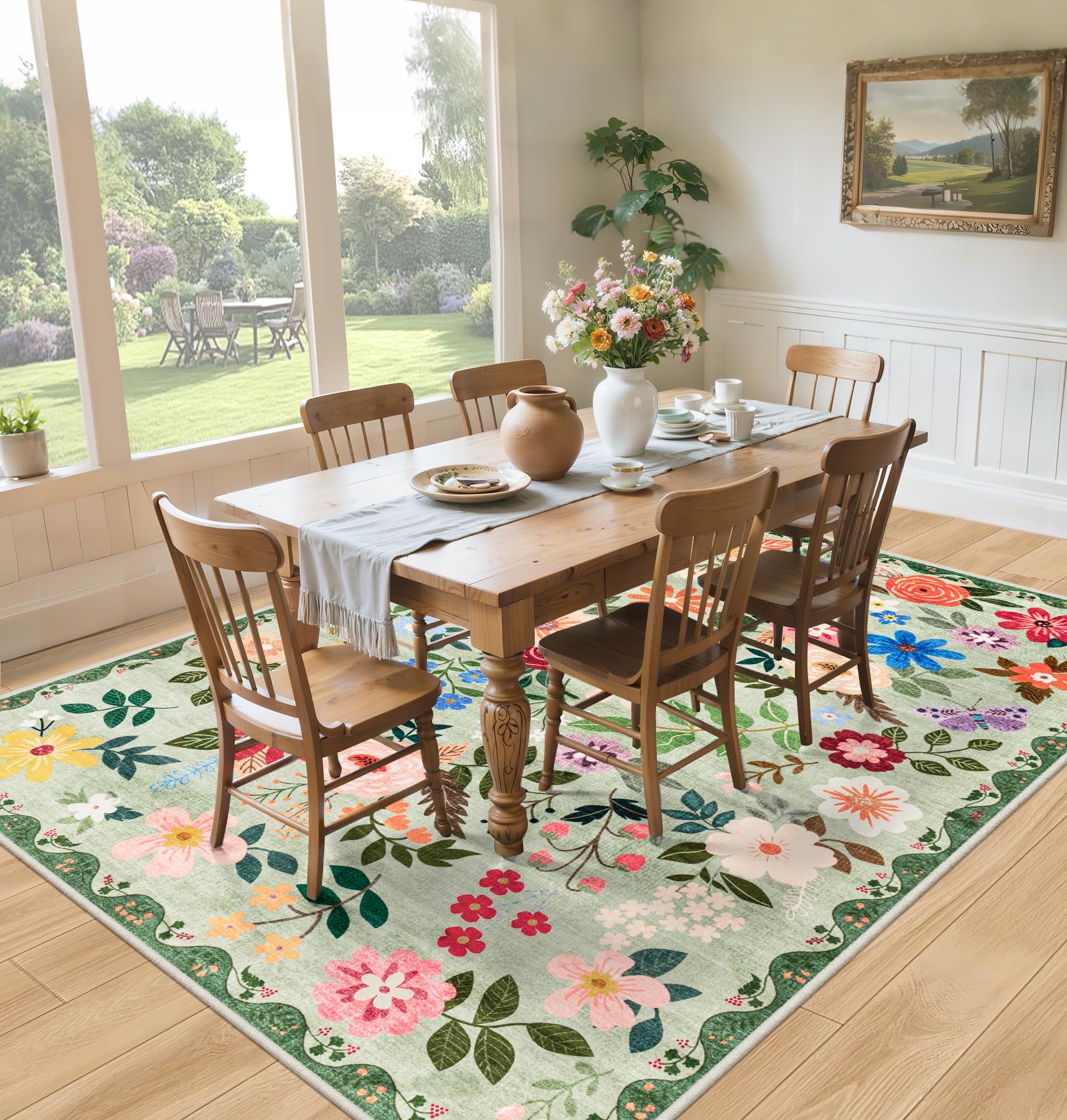 PLHXFR 8x10 Area Rug Living Room: Floral Washable Boho Soft Carpet Green