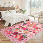 Pink Floral Girls Room Rug 4x6, Non-Slip Washable Rugs for Bedroom Living Room Nursery Kitchen Dining Room Indoor, Ultra-Thin Soft Stain Resistant Girls Room Decor(4 x 6, Pink Garden)