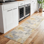 2'6''x8' Washable Kitchen Runner Rug: Modern Abstract Runners for Hallway Soft Non Slip Rugs with Rubber Backing Low Pile Thin Floor Carpet for Entryway Bedroom Bathroom Indoor(Grey/Yellow,2'6''x8')
