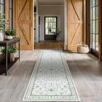 Hazo Haus Oushak Runner 2x10 Hallway Rug - Floral Pastel Boho, Washable Low Pile Non Slip Extra Long Runner Rugs for Kitchen, Hall Way - Cream Blue and Green