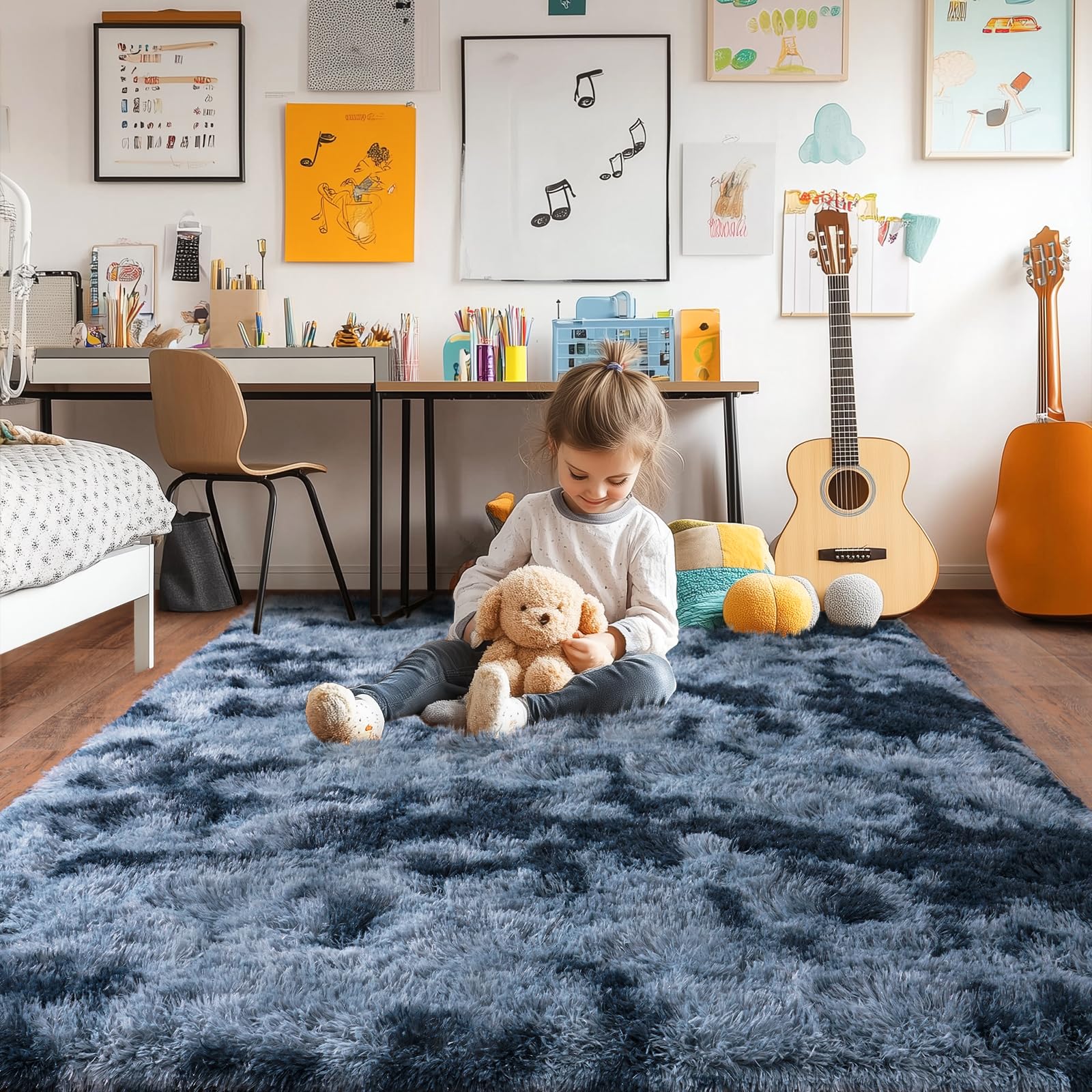 Super Fluffy Area Rug for Living Room 5x7, Shaggy Carpet, Blue Grey
